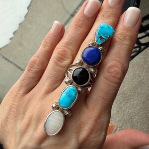 Sterling Silver Turquoise, Onyx, Lapis, Mother of Pearl Statement Ring